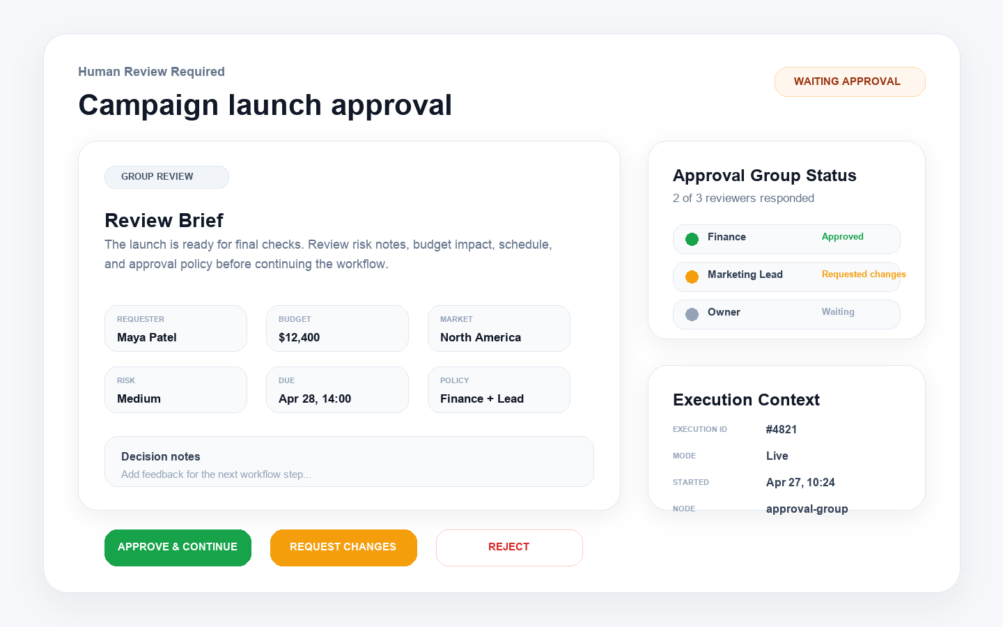 NeuronFlow approval review interface with review brief, approval group status, execution context, and decision buttons.